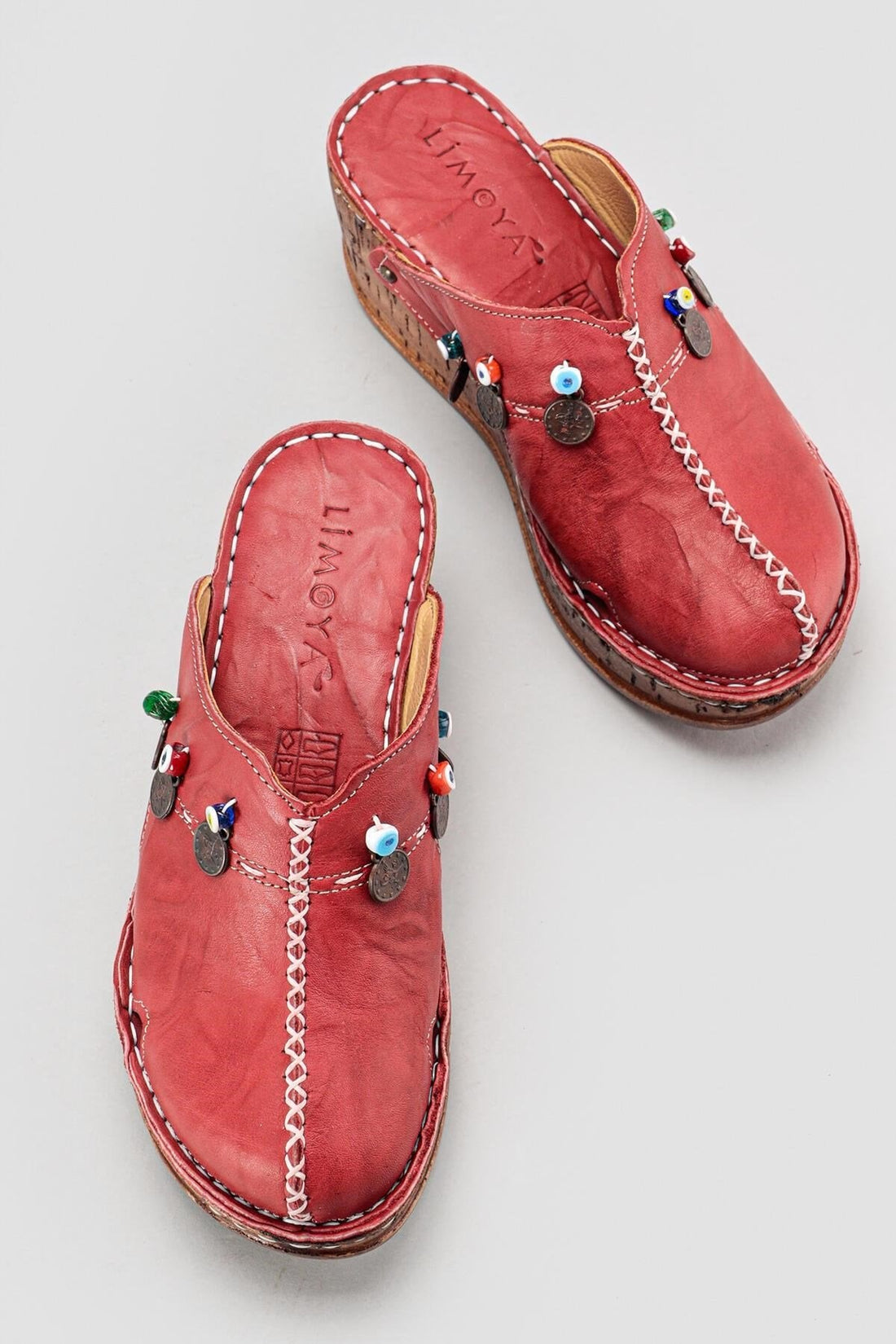 Annika Genuine Leather – Burgundy Antique Detail Wedge Clog Slide (Women)