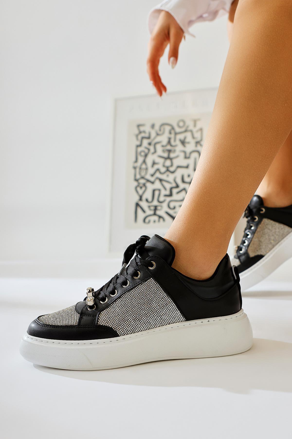 Sonnie Black Thick-Sole Sneaker with Stone Detail