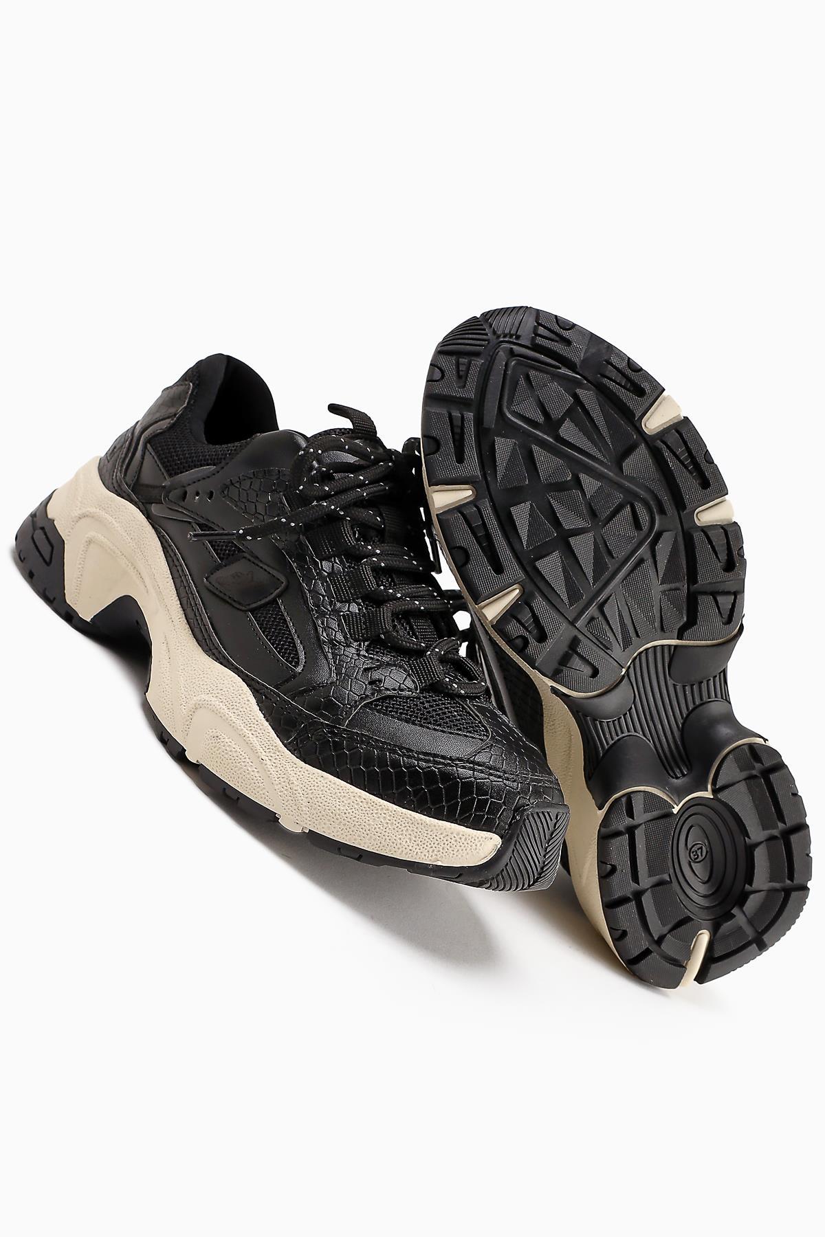 Caisa Black Textile Detailed Lace-up Women's Sneakers