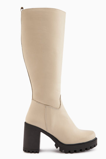 Ella Genuine Leather – Beige Platform Heeled Knee-High Boot (Women)