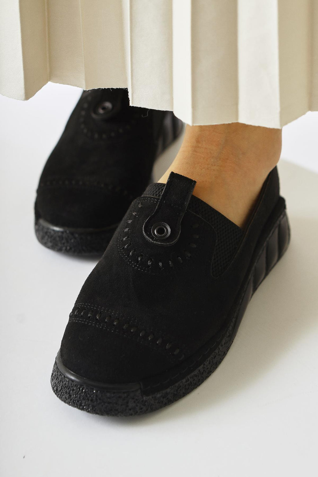 Bethina Black Suede Studded Laser Cut Women’s Ballet Flats