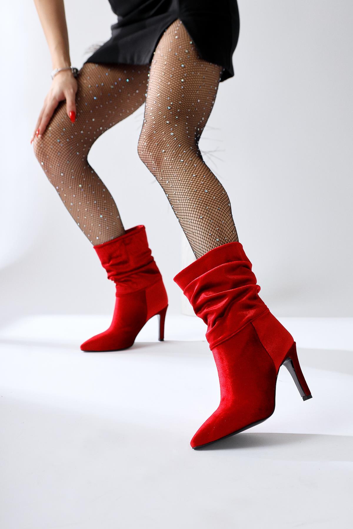 Wilma – Red Velvet Gusseted Slim Heel Boot (Women)