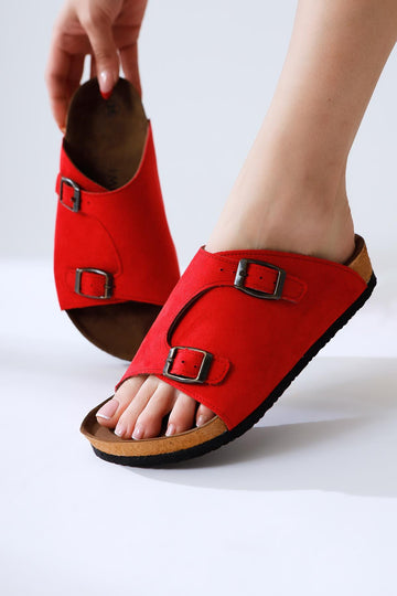 Christella Red Suede Slippers with Double Buckle Details