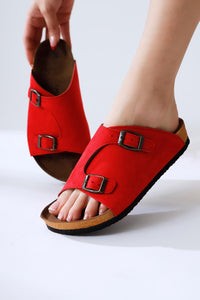 Christella Red Suede Slippers with Double Buckle Details