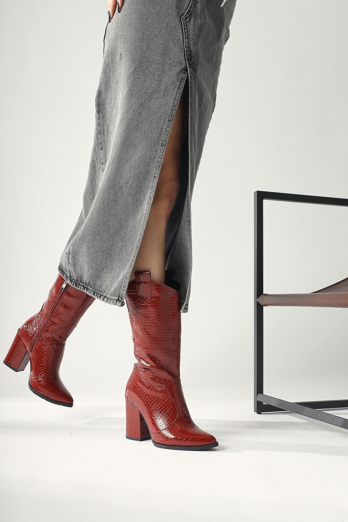 Keri – Burgundy Croc-Embossed Asymmetric-Cut Heeled Short Knee-High Boot (Women)