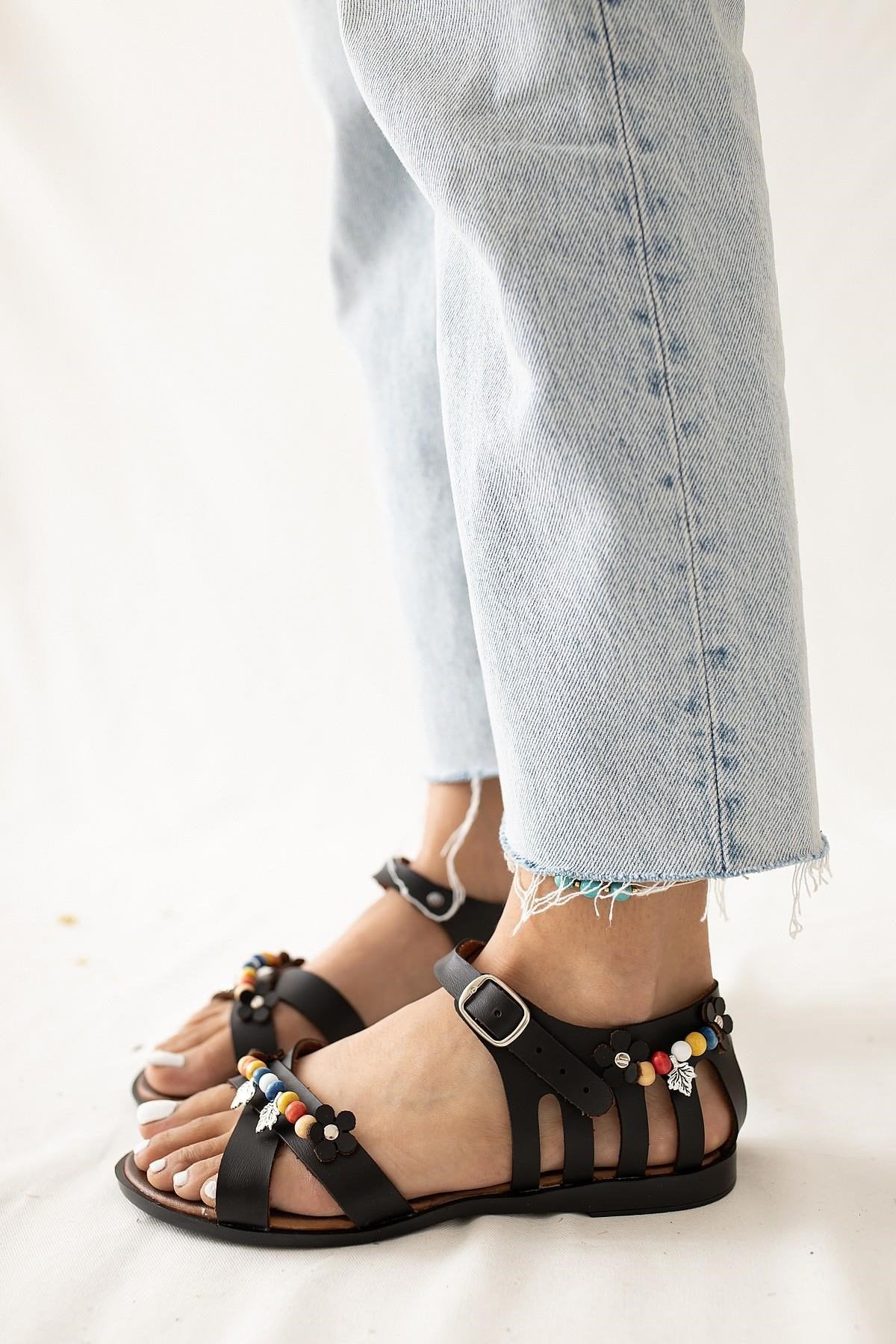 Alize Genuine Leather Black Sandals with Bead and Leaf Details