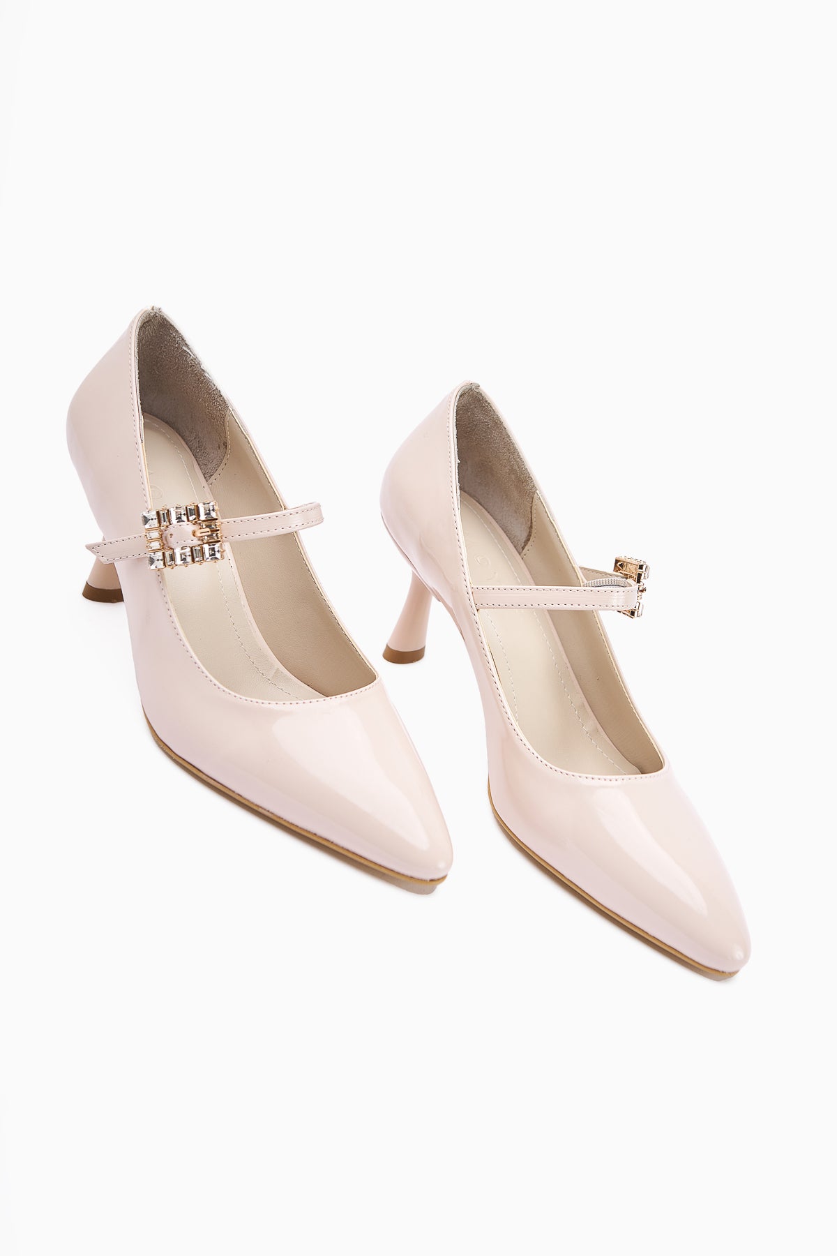 Maria Beige Patent Buckled Women’s Heeled Shoes