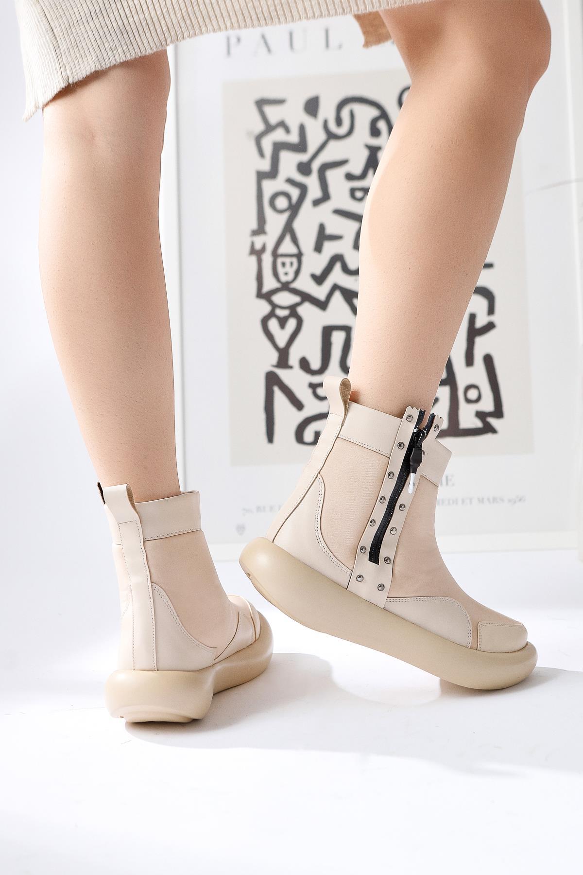 Maeda – Beige Neoprene Stud and Zip-Detail Boot (Women)