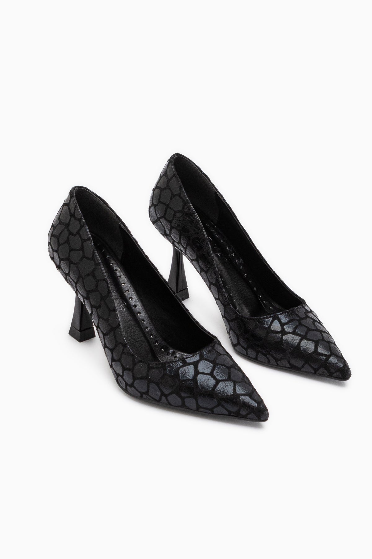 Celestine Black Fish Scale Textured Pointed Toe Stiletto