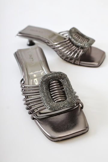 Katerin Platinum Patent Leather Sandals with Stone Buckle Detail