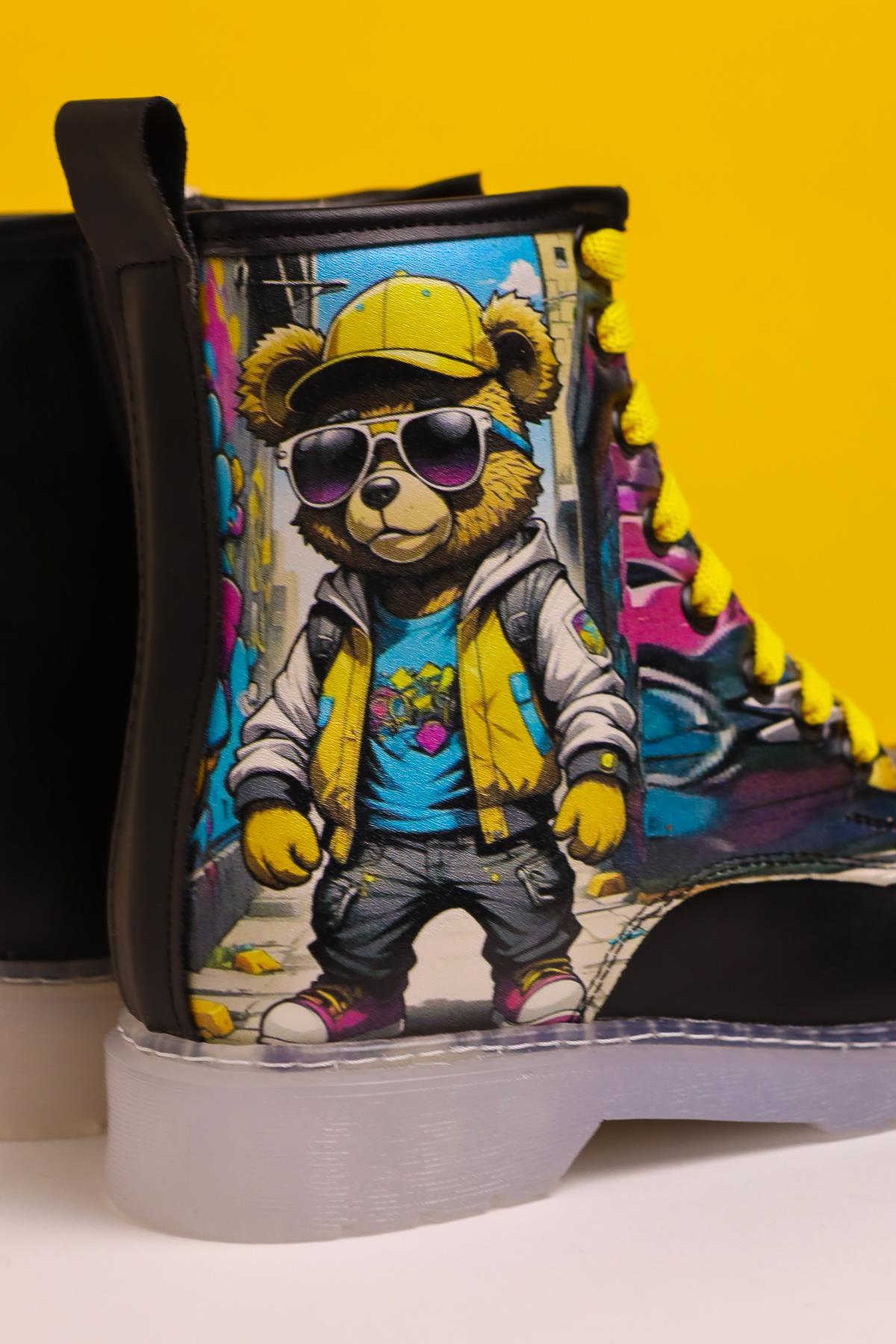 Denis Black Striped Character Print Lace-Up Kids Boots