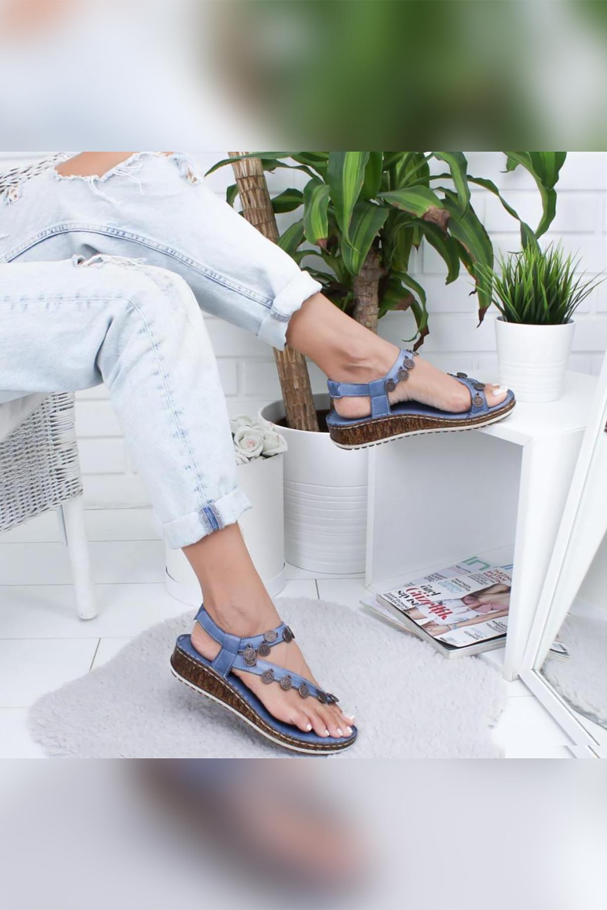 Lilah Genuine Leather Sandals in Navy with Antique Detail