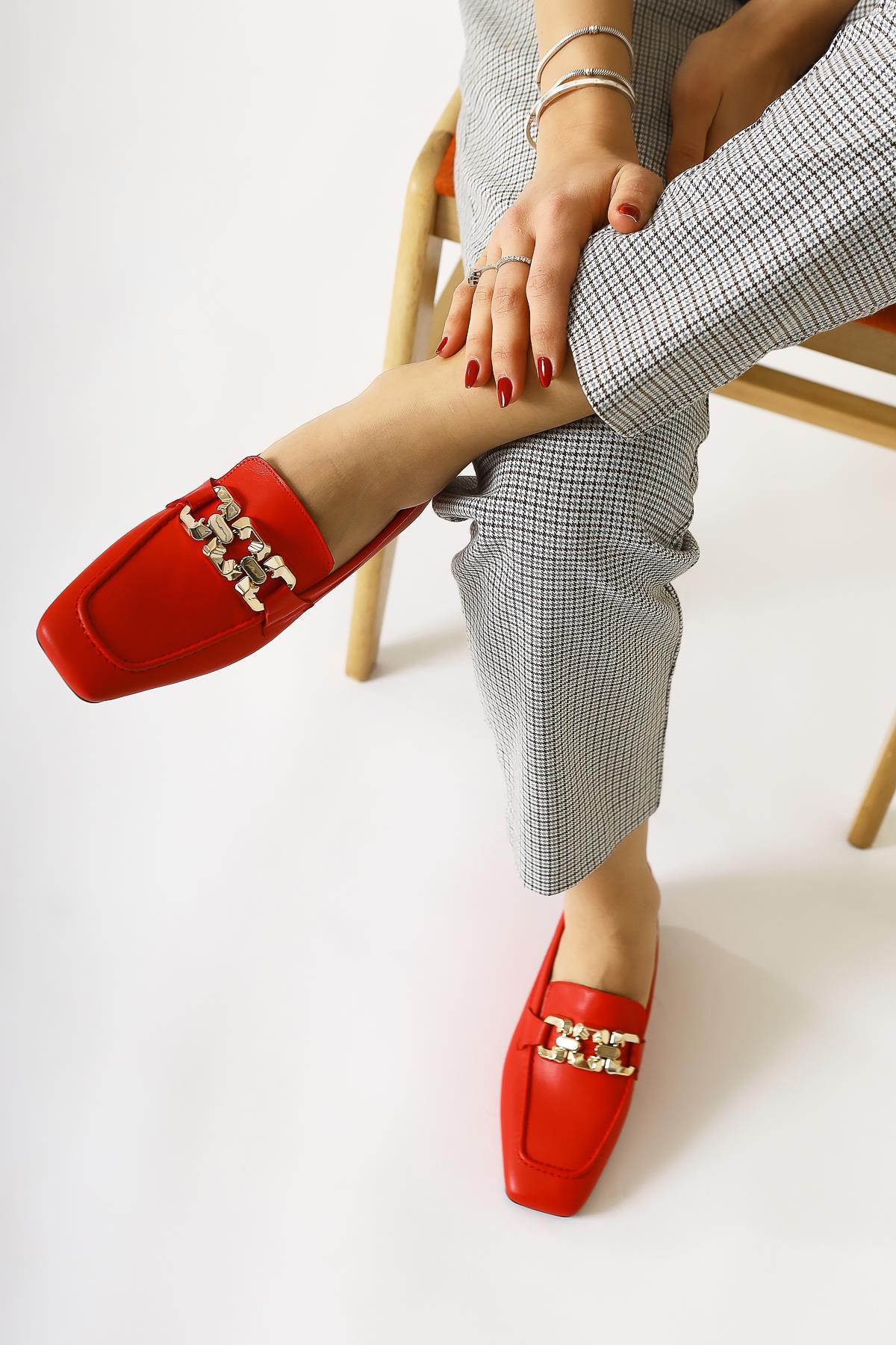 Asmin Genuine Leather – Red Buckle-Detail Round-Toe Casual Shoe (Women)