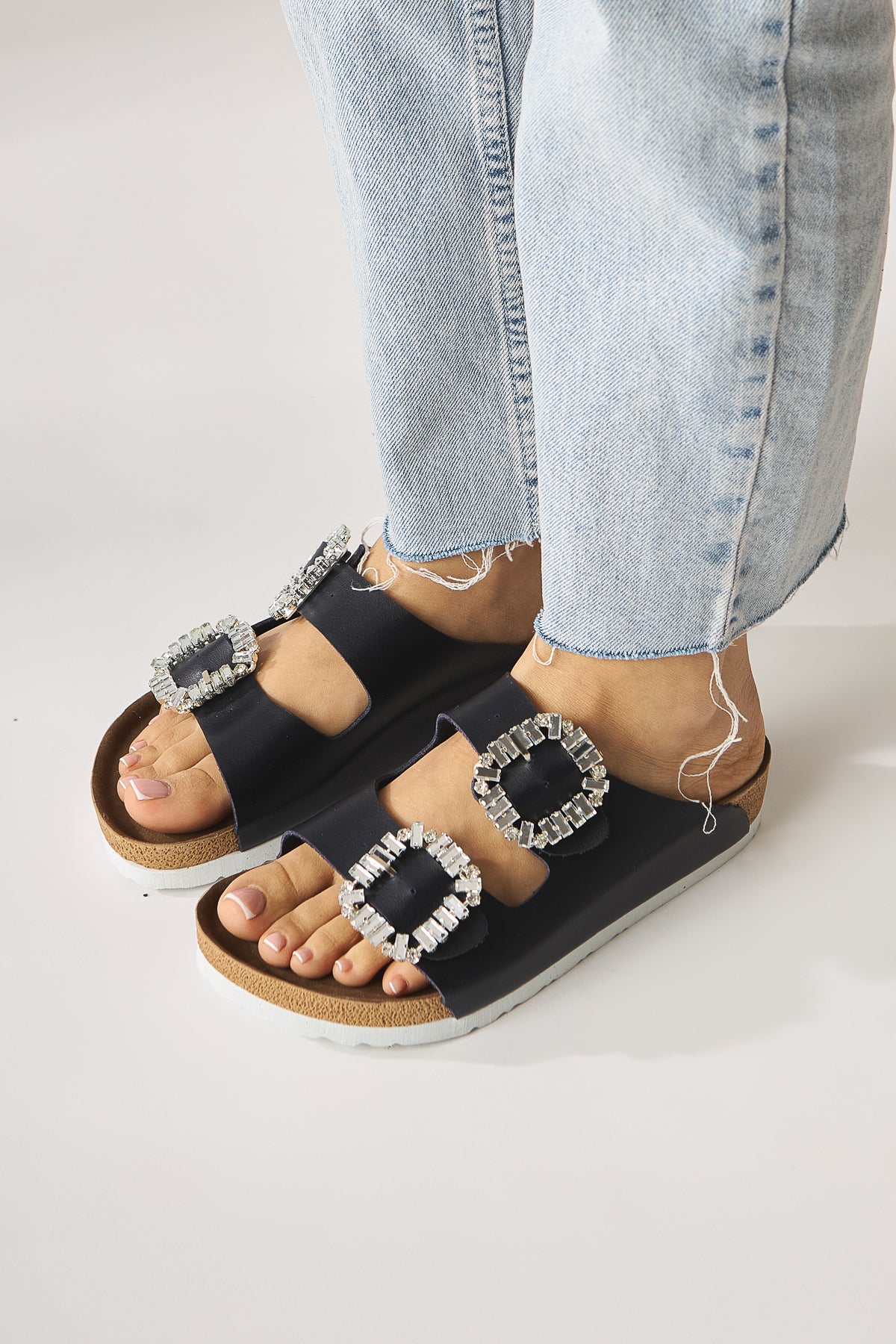 Brisa Navy Double Strap Embellished Buckle Detail Slippers
