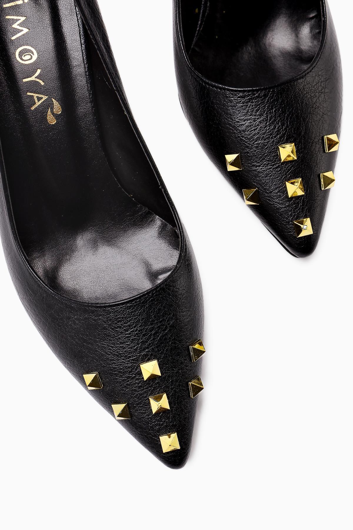 Anni – Black Crinkled Patent Pyramidal-Studded Heeled Shoe (Women)