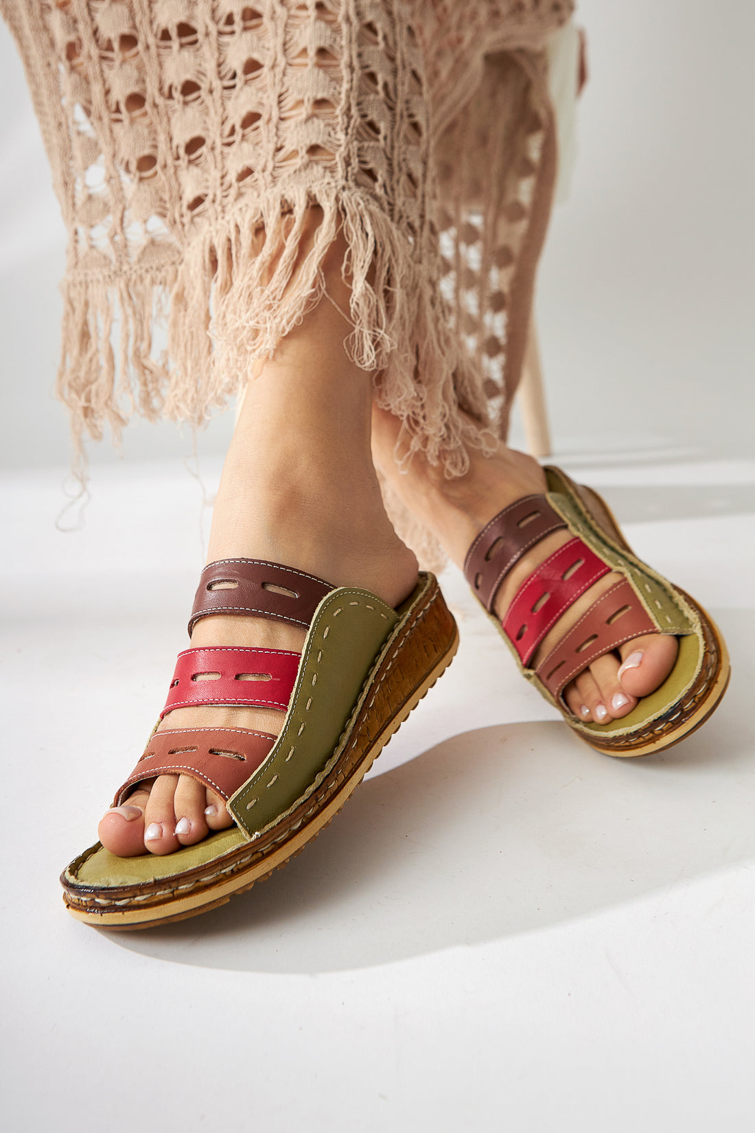 Genuine Leather Joelle Green Comfort Laser Cut Slippers