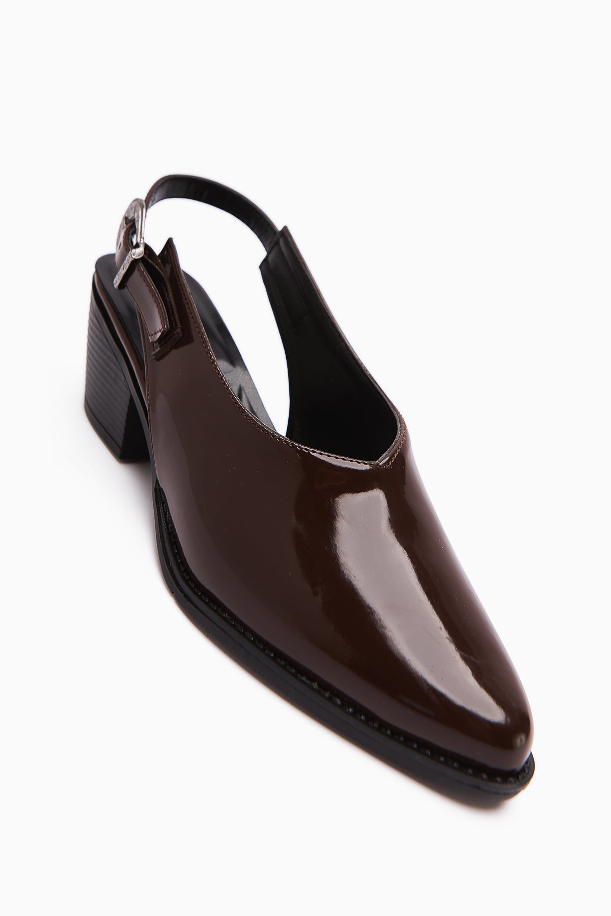 Emira Coffee Patent Leather Pointed Toe Closed Front Women's Sandal