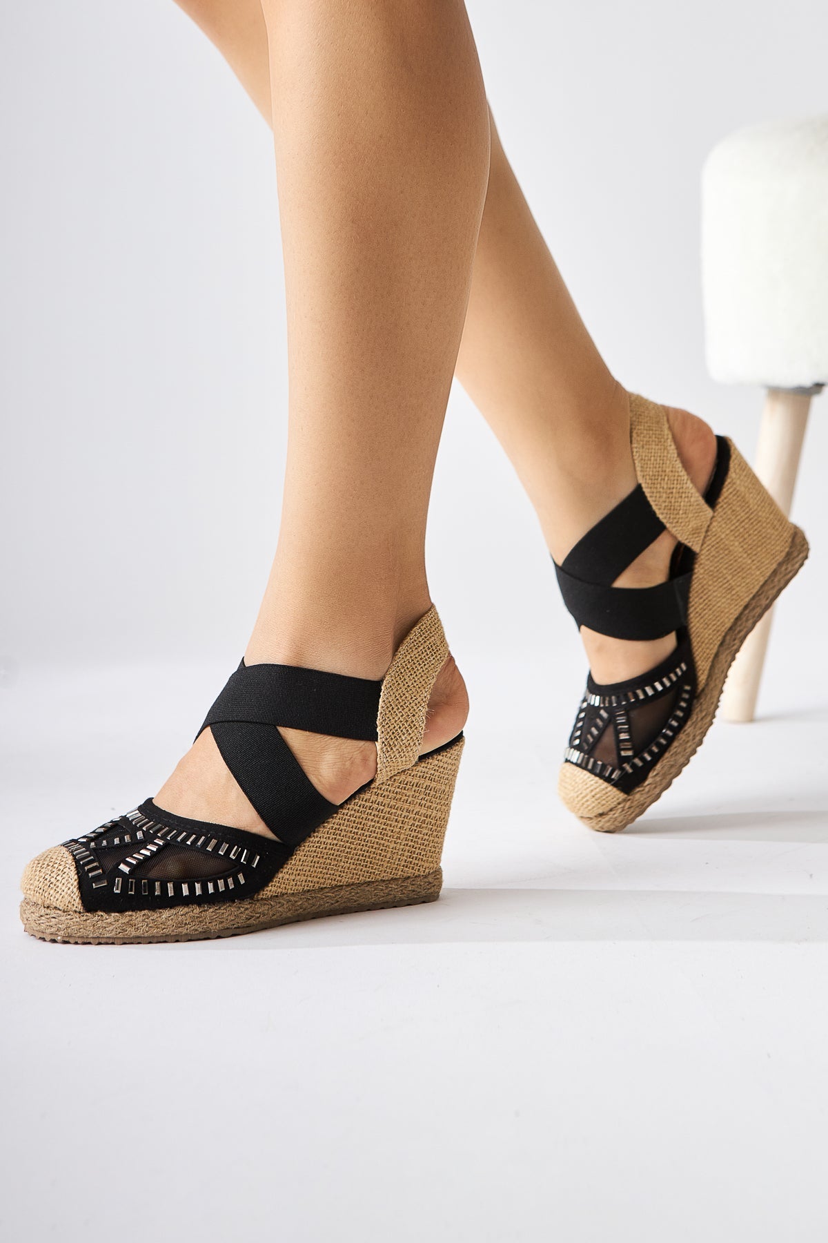 Meliza Black Elasticated Espadrille Heeled Women's Sandals