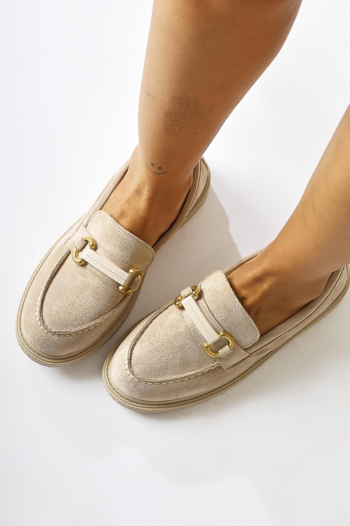 Jamnian Beige Suede Buckle Detail Casual Shoes