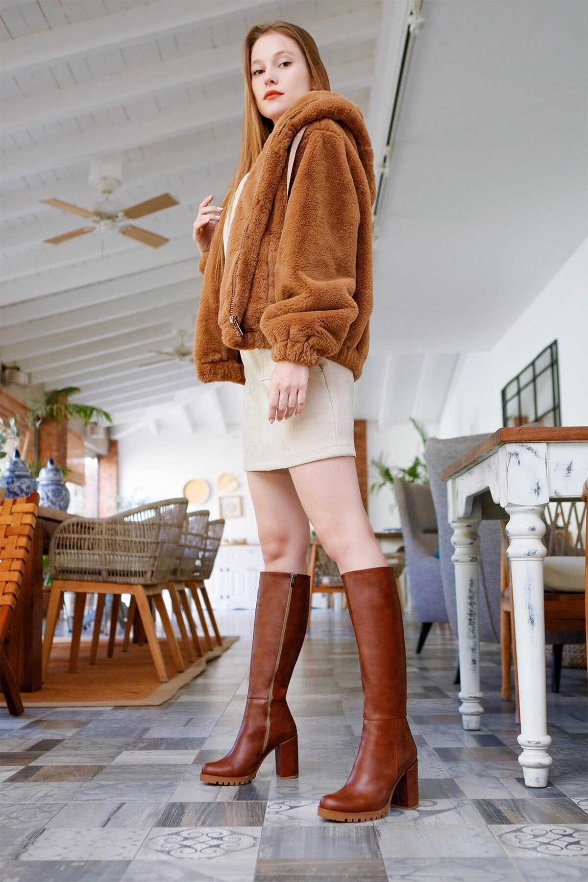 Elias – Cognac Zippered Platform Block Heel Knee-High Boot (Women)