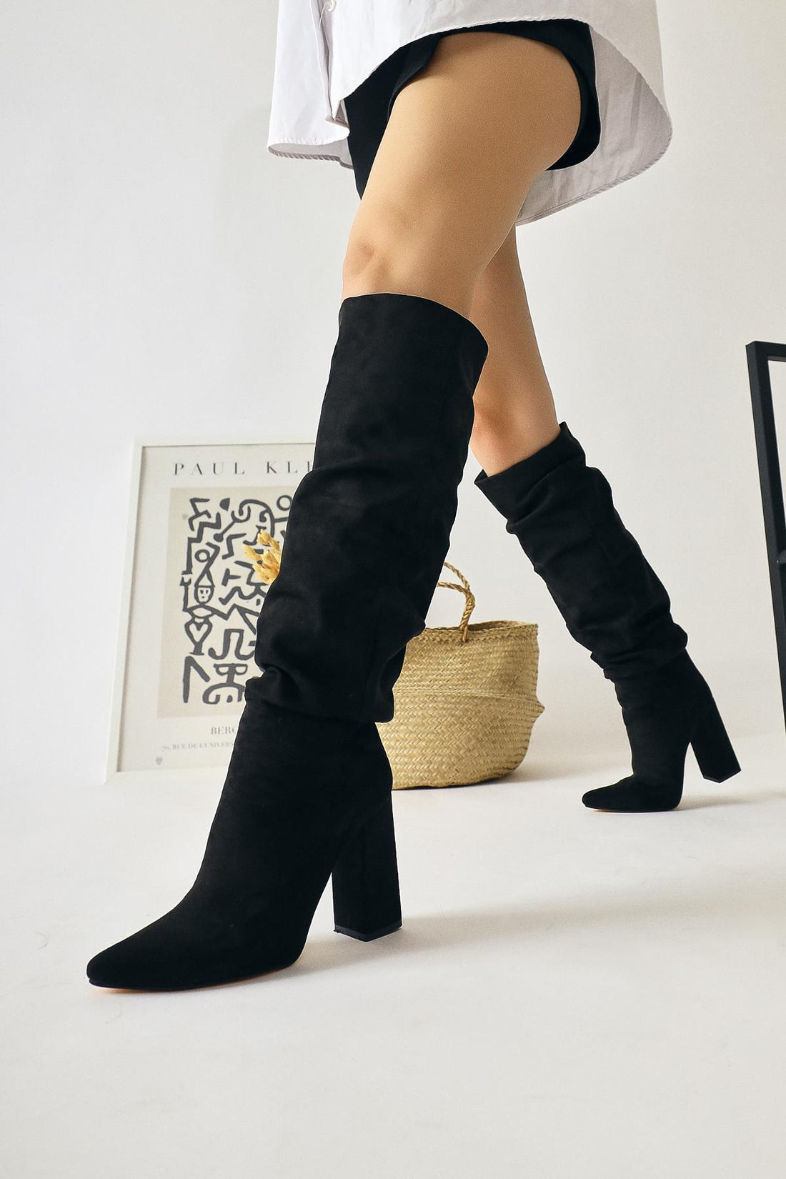 Loren Black Suede Pointed Toe High Heel Knee-High Boot