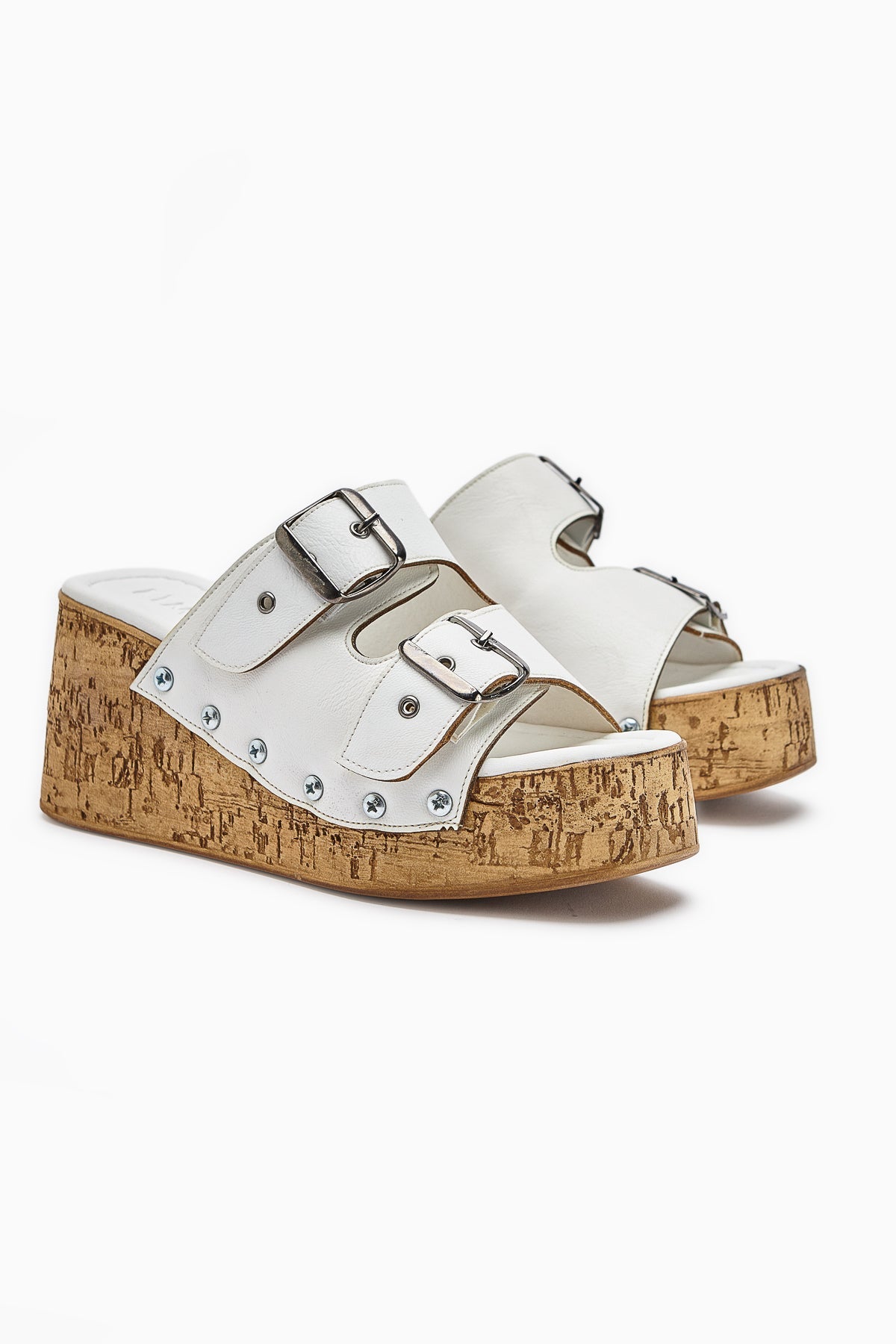 Ratka White Double-Strapped Platform Heeled Women's Slippers