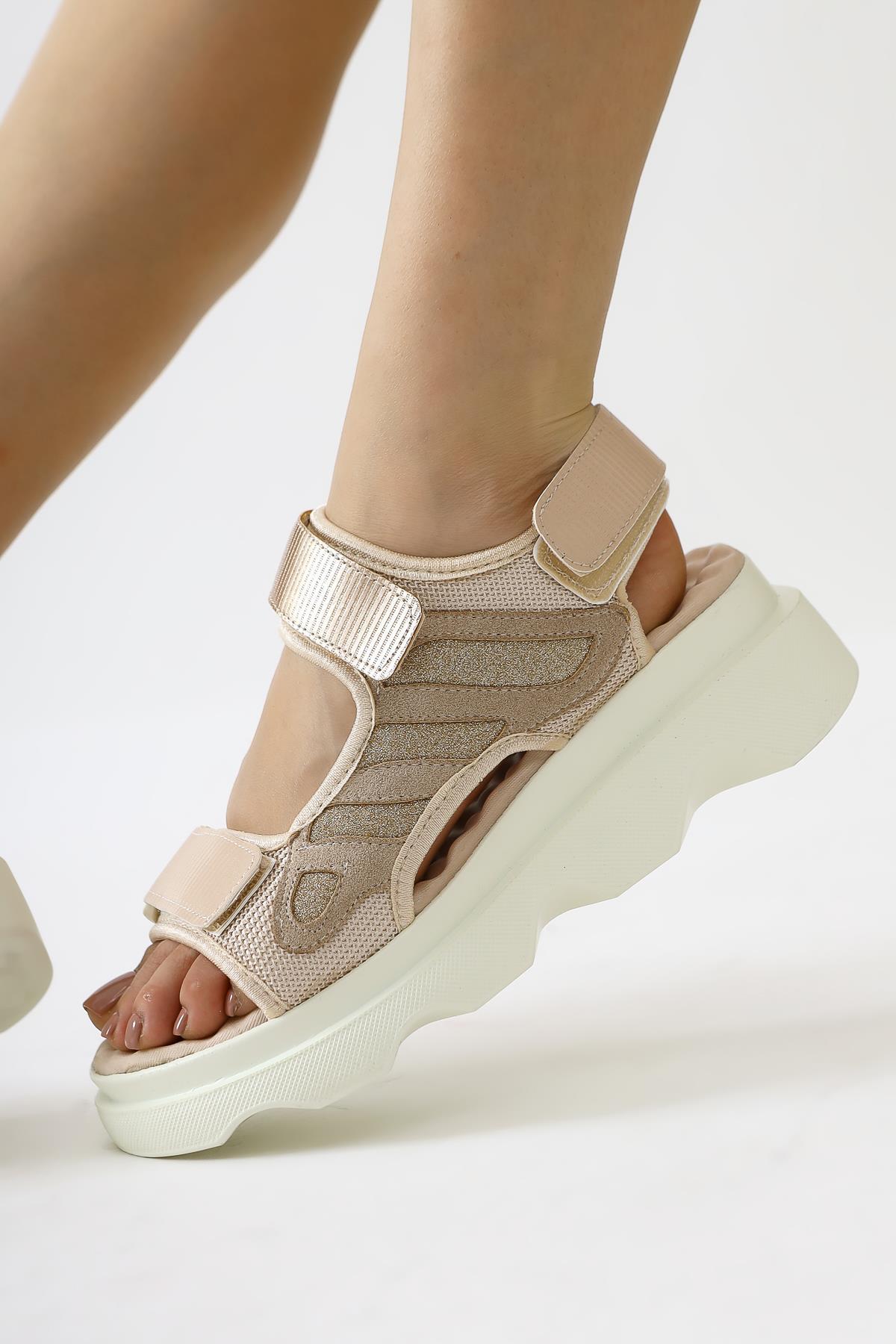 Quan Beige Sandal with Sequin Detail and Comfortable Velcro Sole
