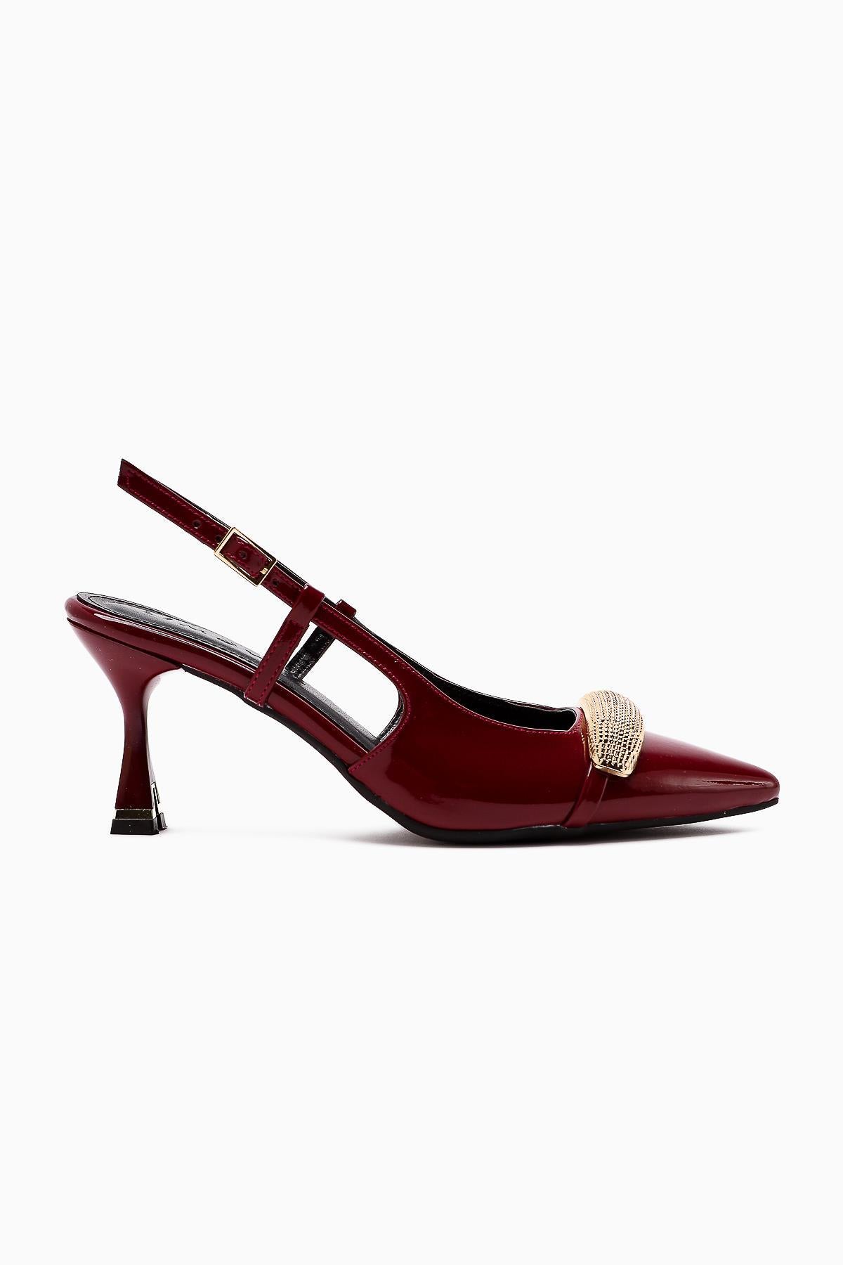 Seydi Burgundy Patent Buckled Closed Toe Women’s Heeled Shoes
