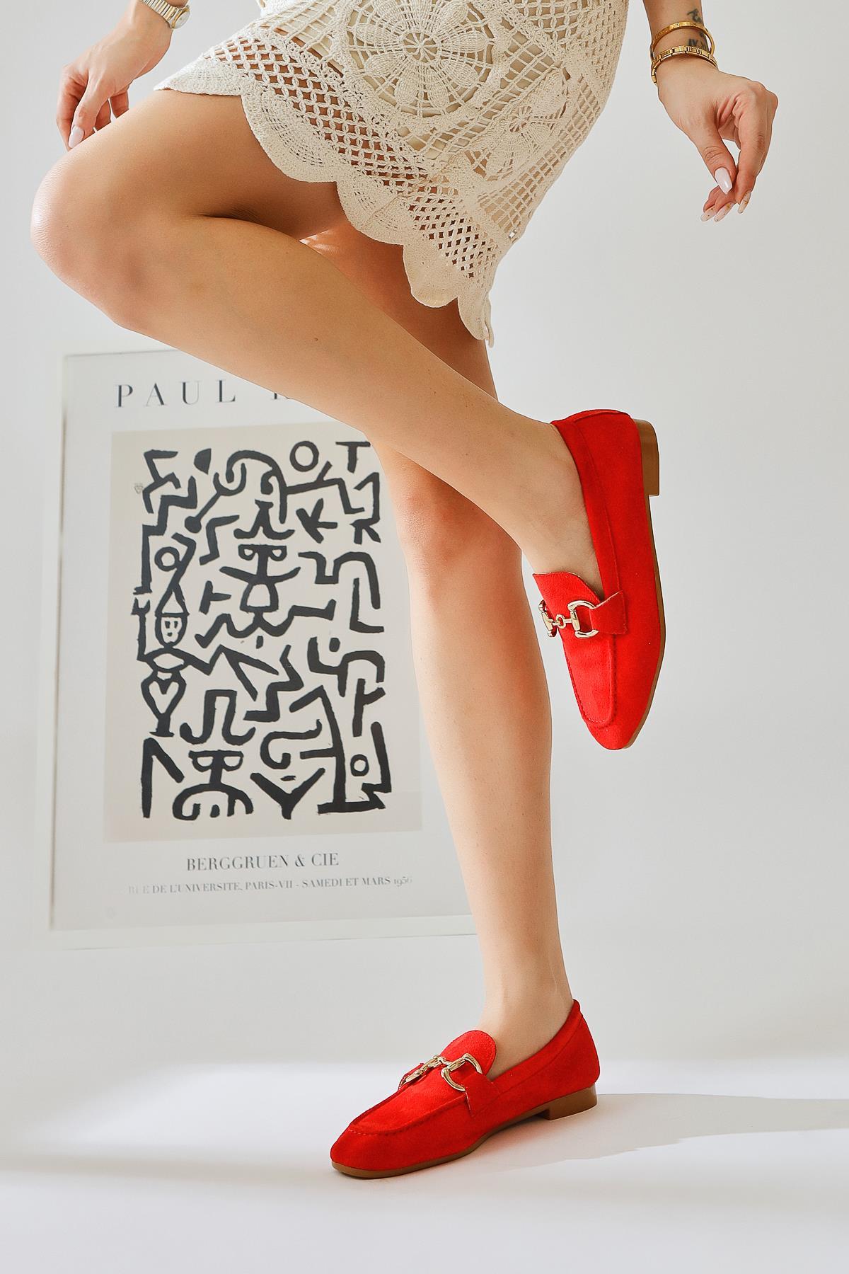 Shirly Red Suede Buckle Detailed Casual Shoes