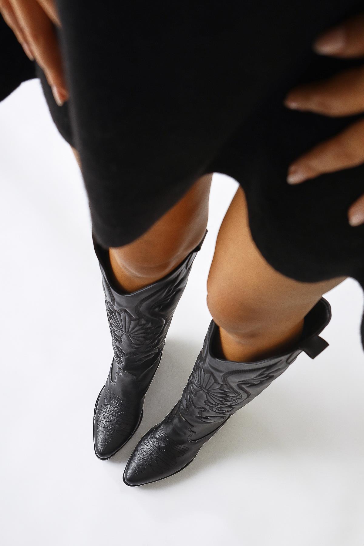 Dani – Black Embroidery-Detail Pointed-Toe Western Knee-High Boot (Women)