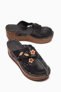 Genuine Leather Alto Black Wedge Slippers with Vintage Sole Comfort Slippers