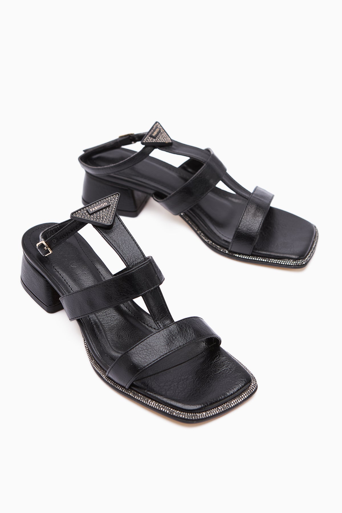 Shara Black Stone Detail Low-Heeled Women's Sandal