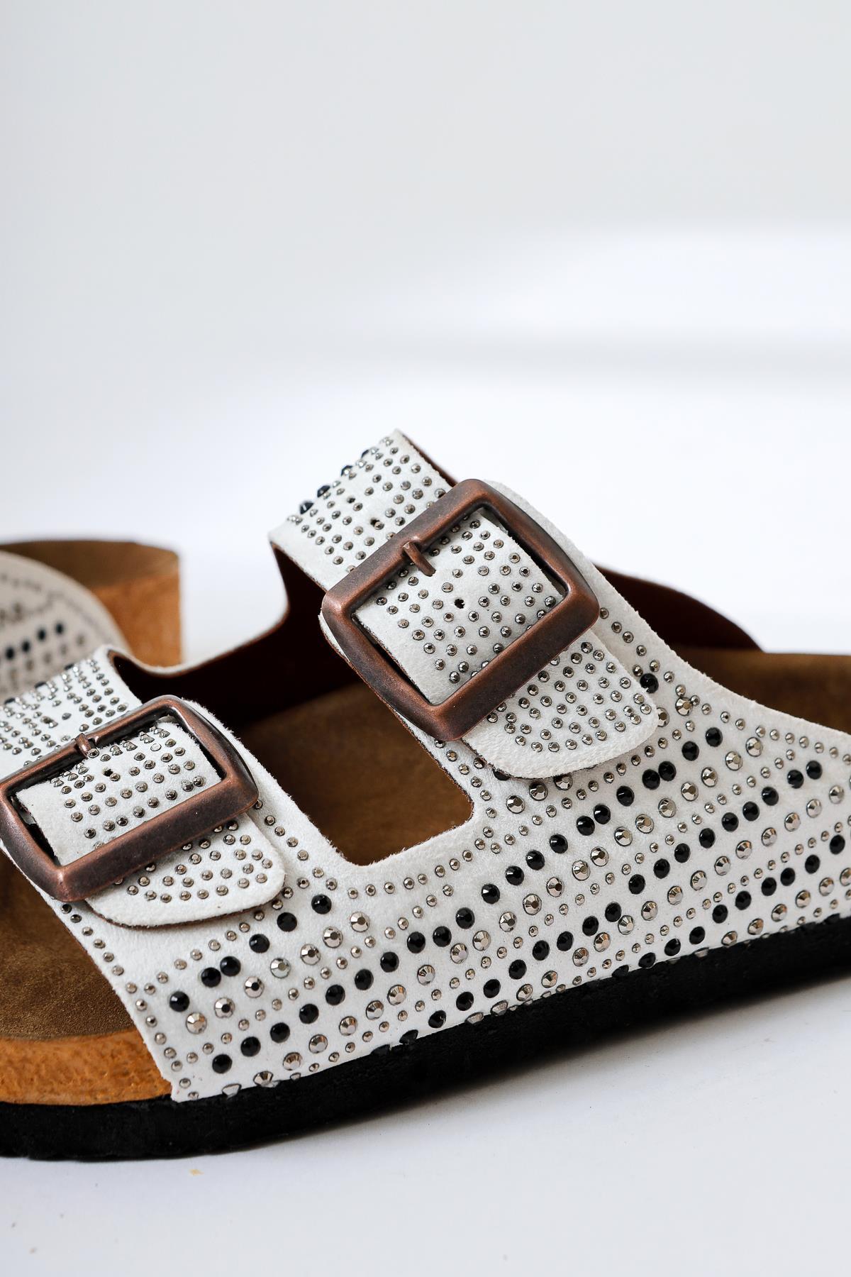 Aire White Double Strap Slide with Gemstone Detail
