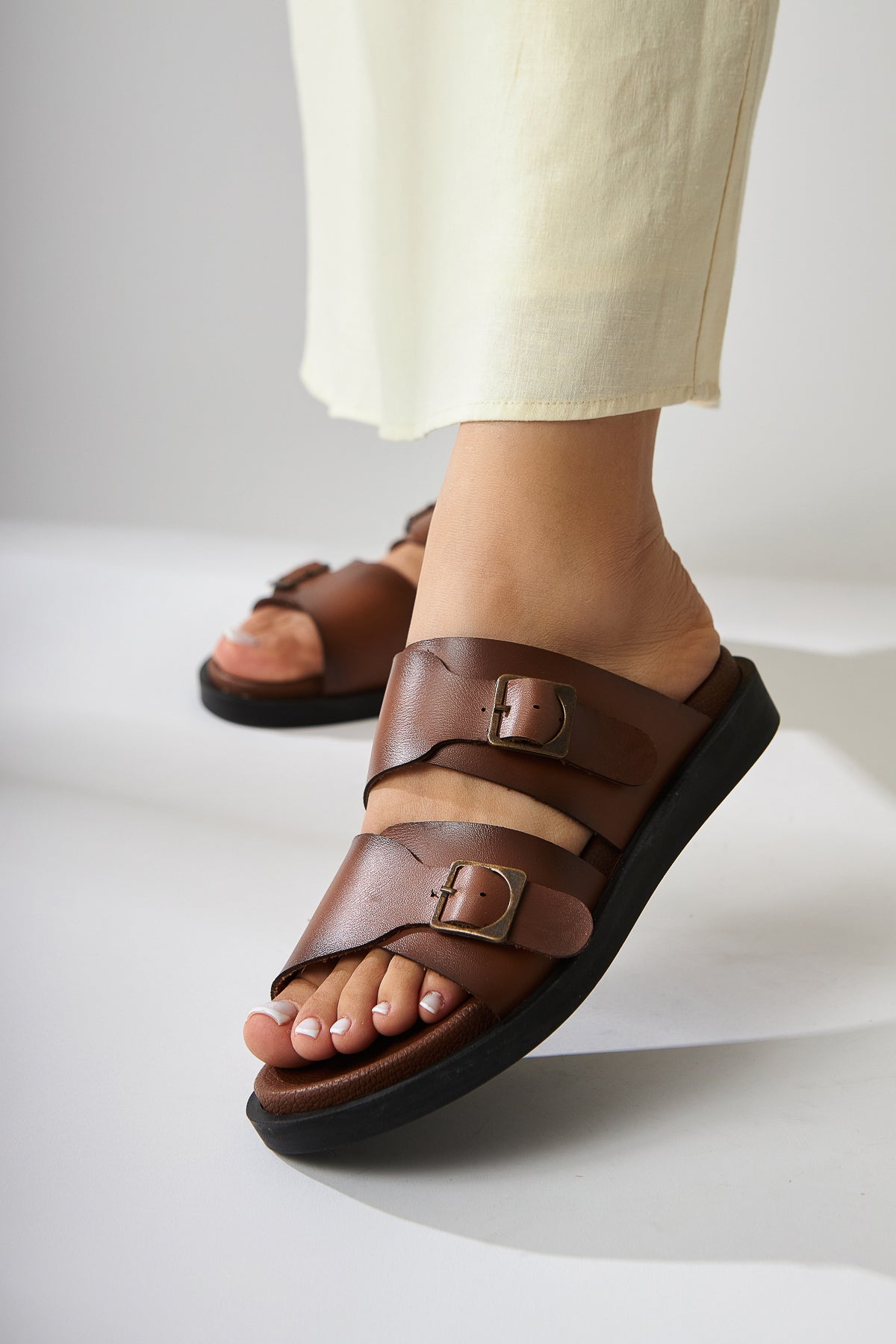 Soha Tan Double Strap Flat Women’s Slippers