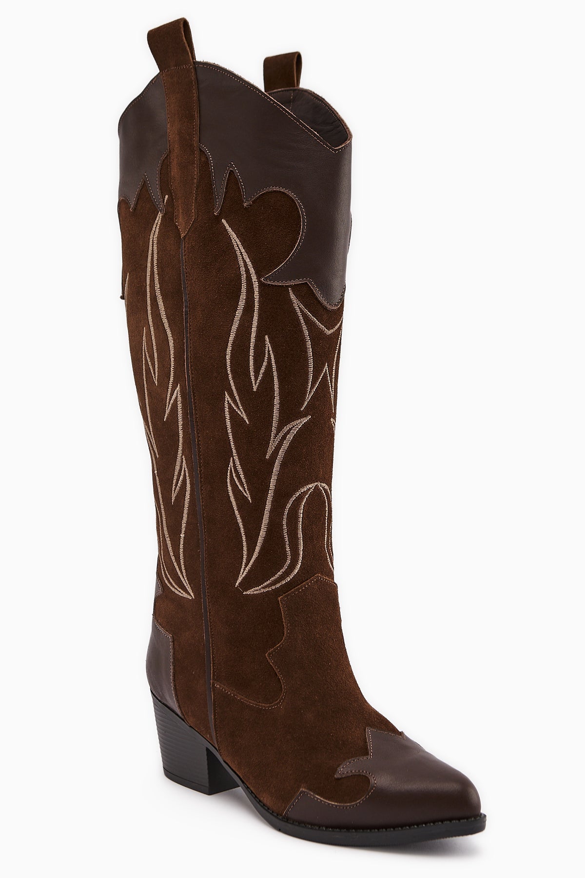 Lara – Genuine Leather Brown Suede-Embroidered Leather-Detail Heeled Western Knee-High Boot (Women)