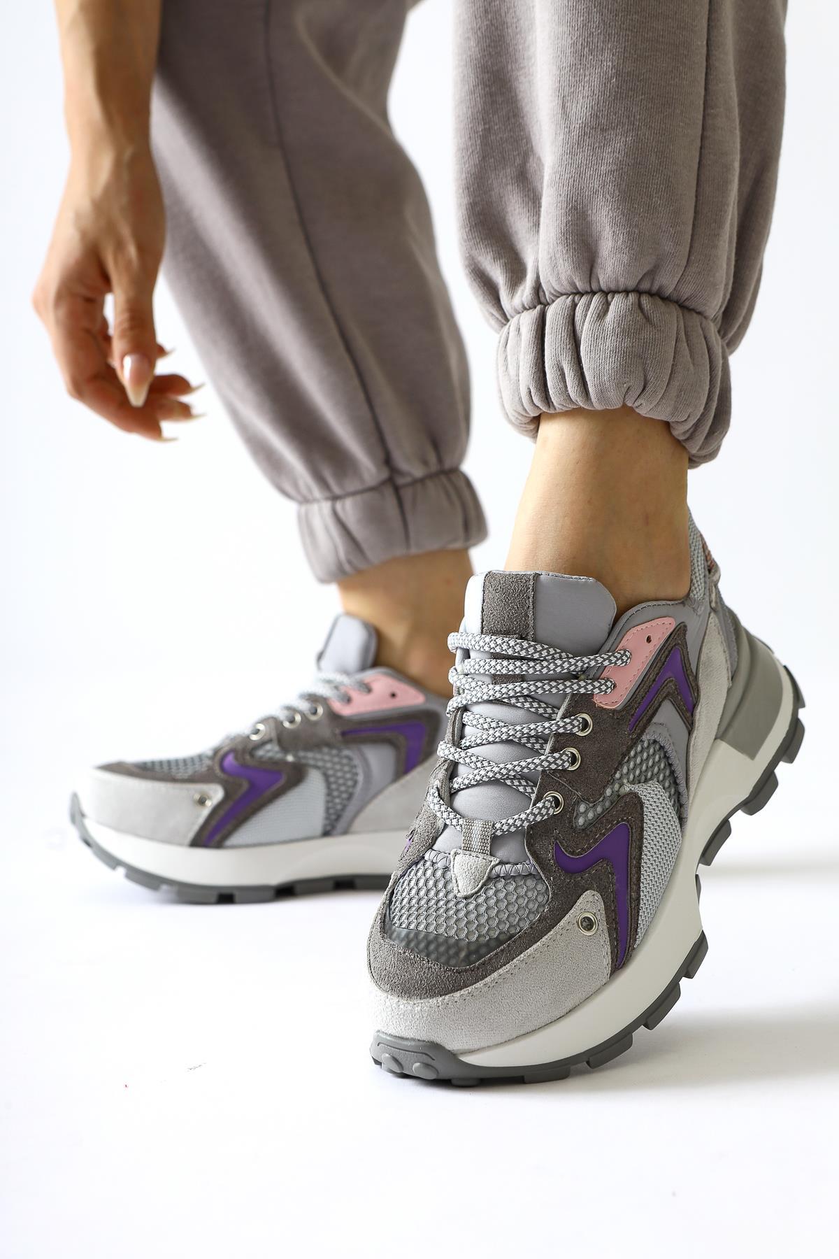 Onella Grey Suede Detailed Lace-up Sneakers