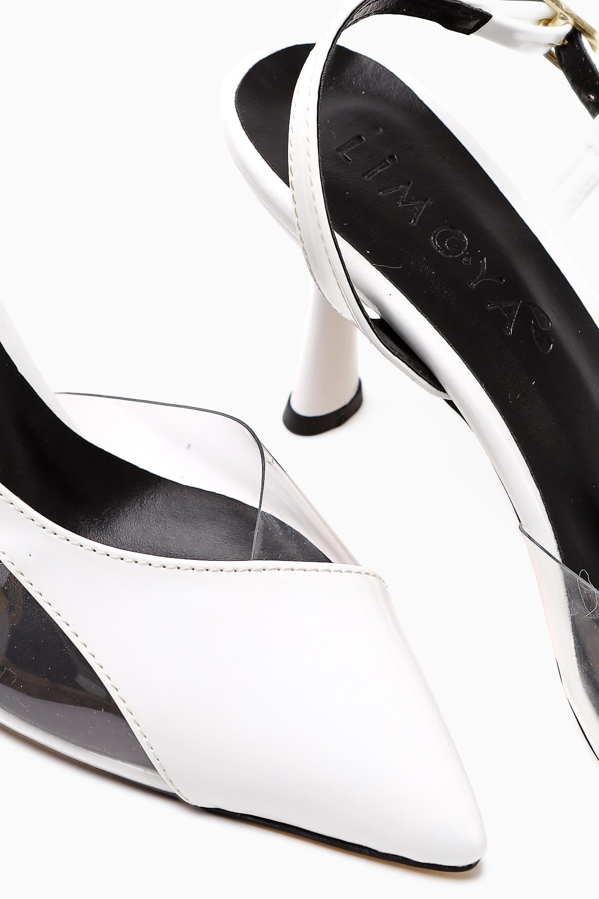 Aliah White Patent Leather Pointed Toe Pumps with Transparent Detail