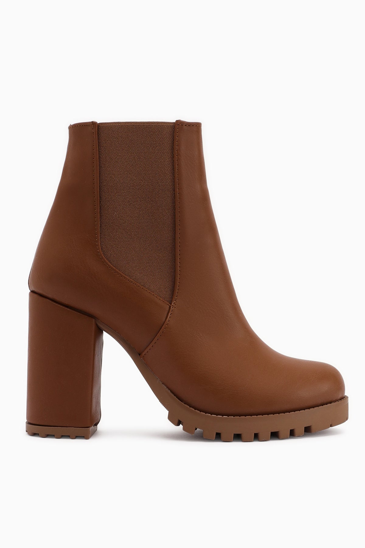 Dorsaf Tan Oval Toe Elastic Heeled Boots