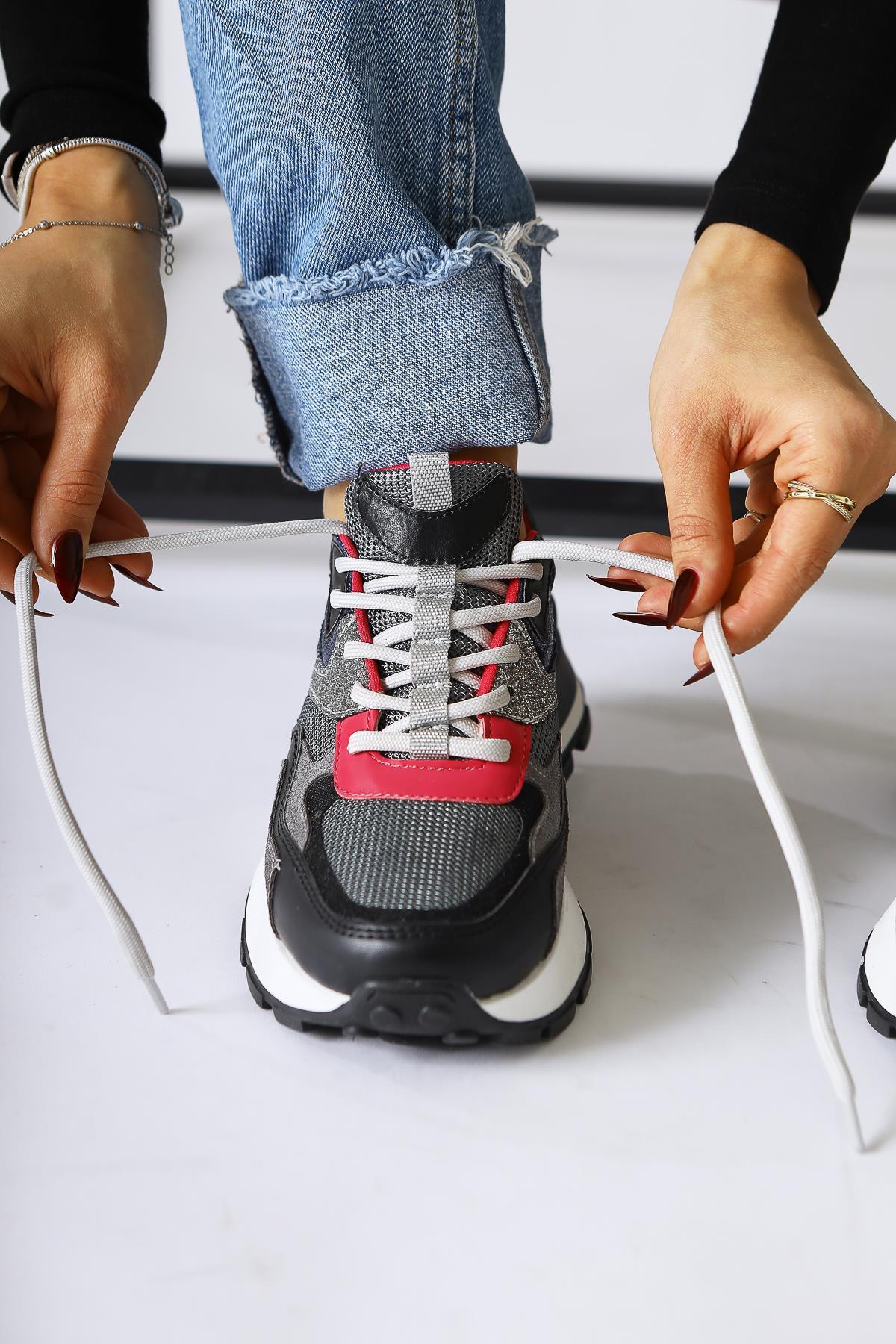 Netta Black Mesh Detailed Lace-Up Sneakers