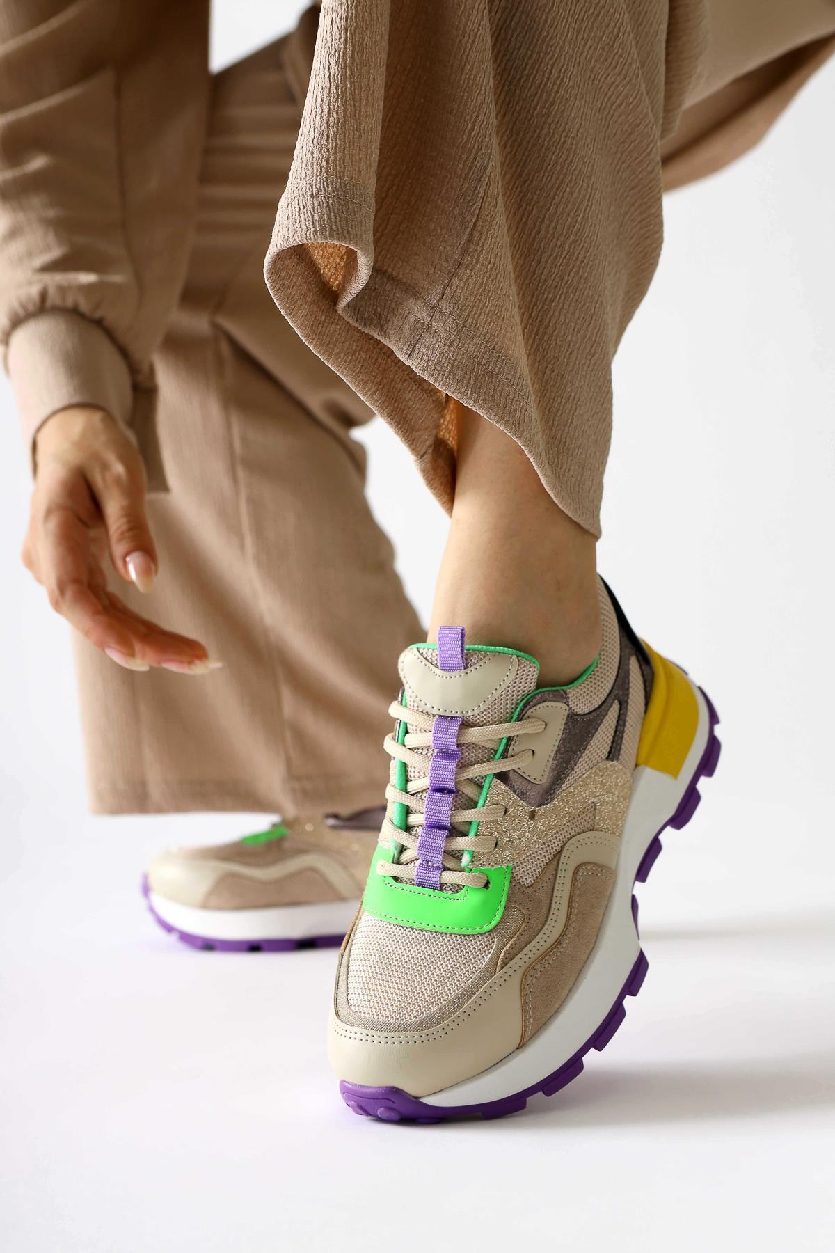 Netta Multicolor (Green) Mesh Detailed Lace-Up Sneakers