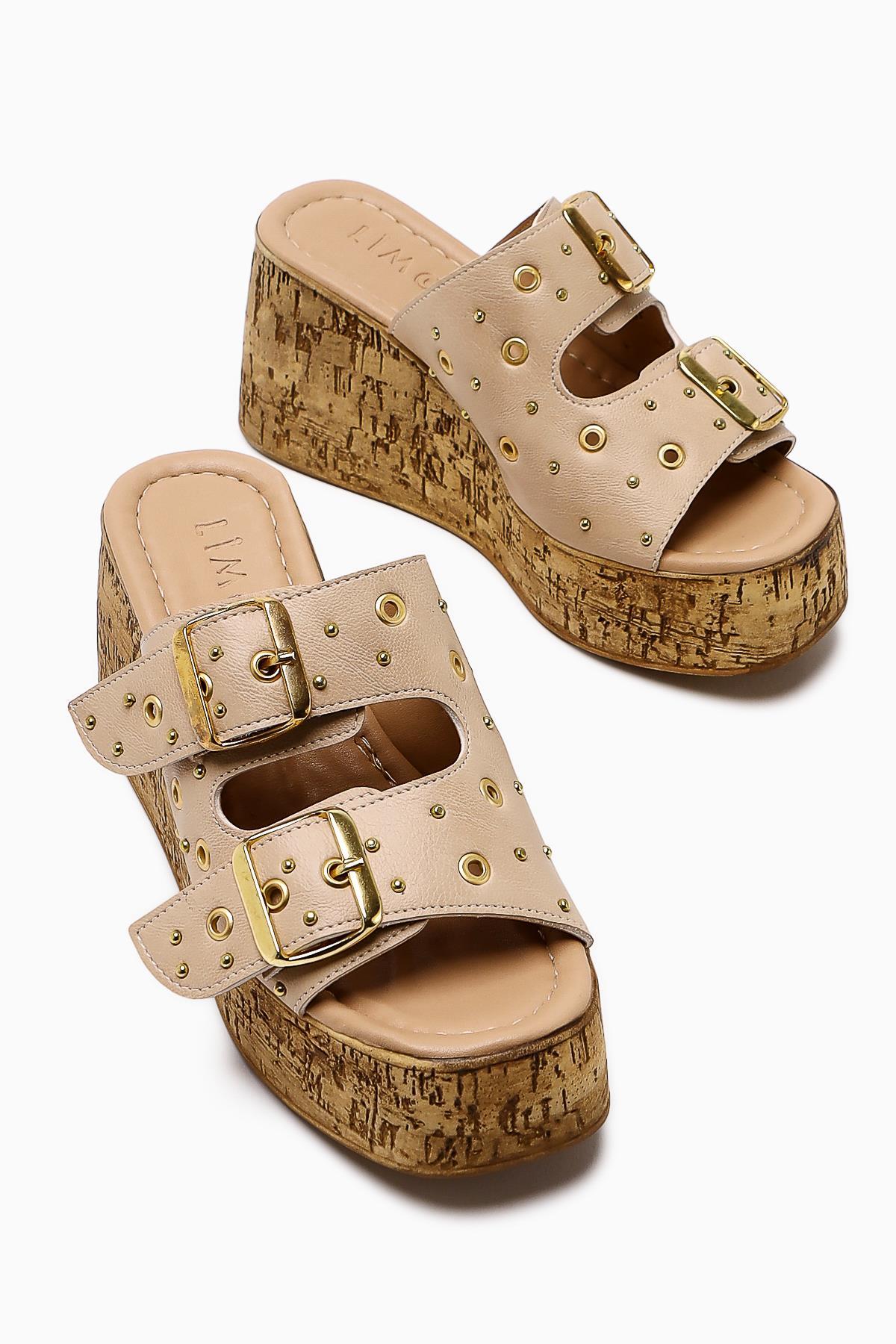 Genja Nude Strap Detailed Wedge Heeled Slippers