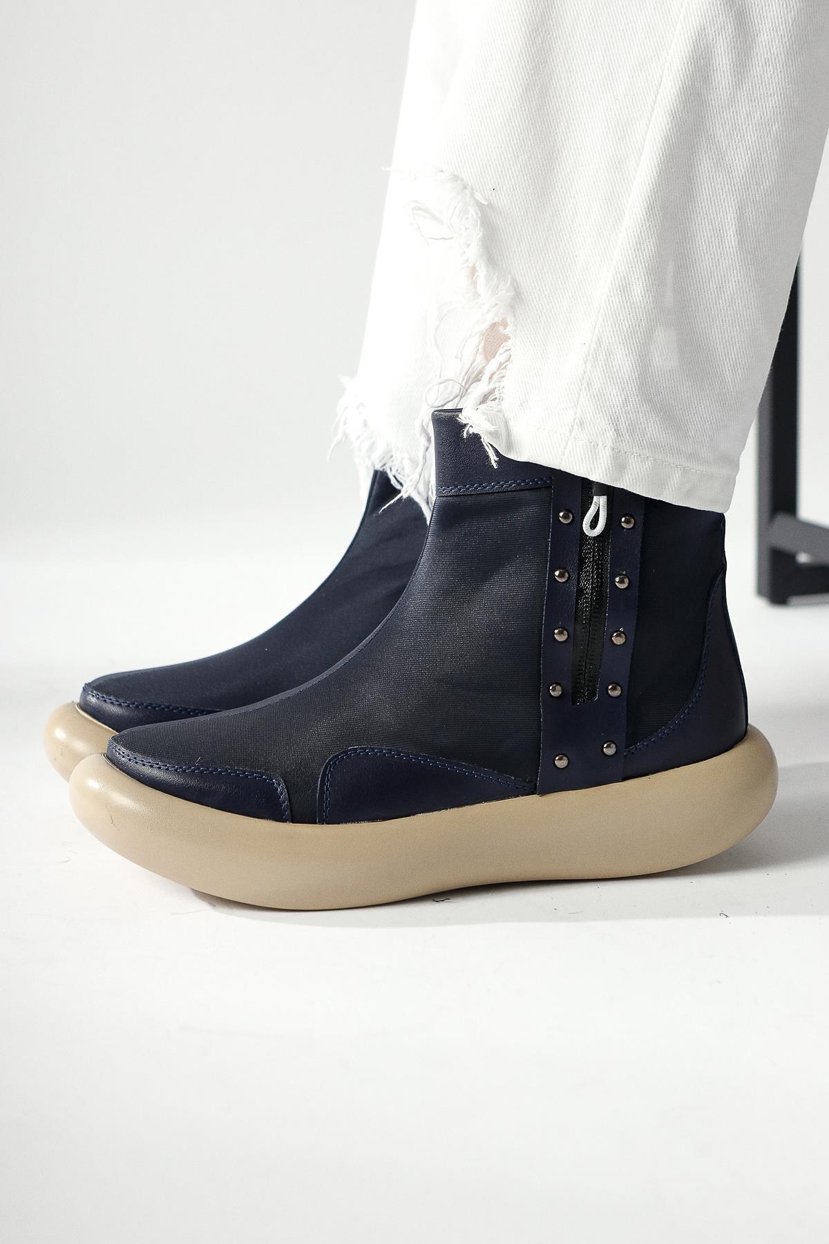 Maeda – Navy Neoprene Fabric Stud and Zipper-Detail Boot (Women)