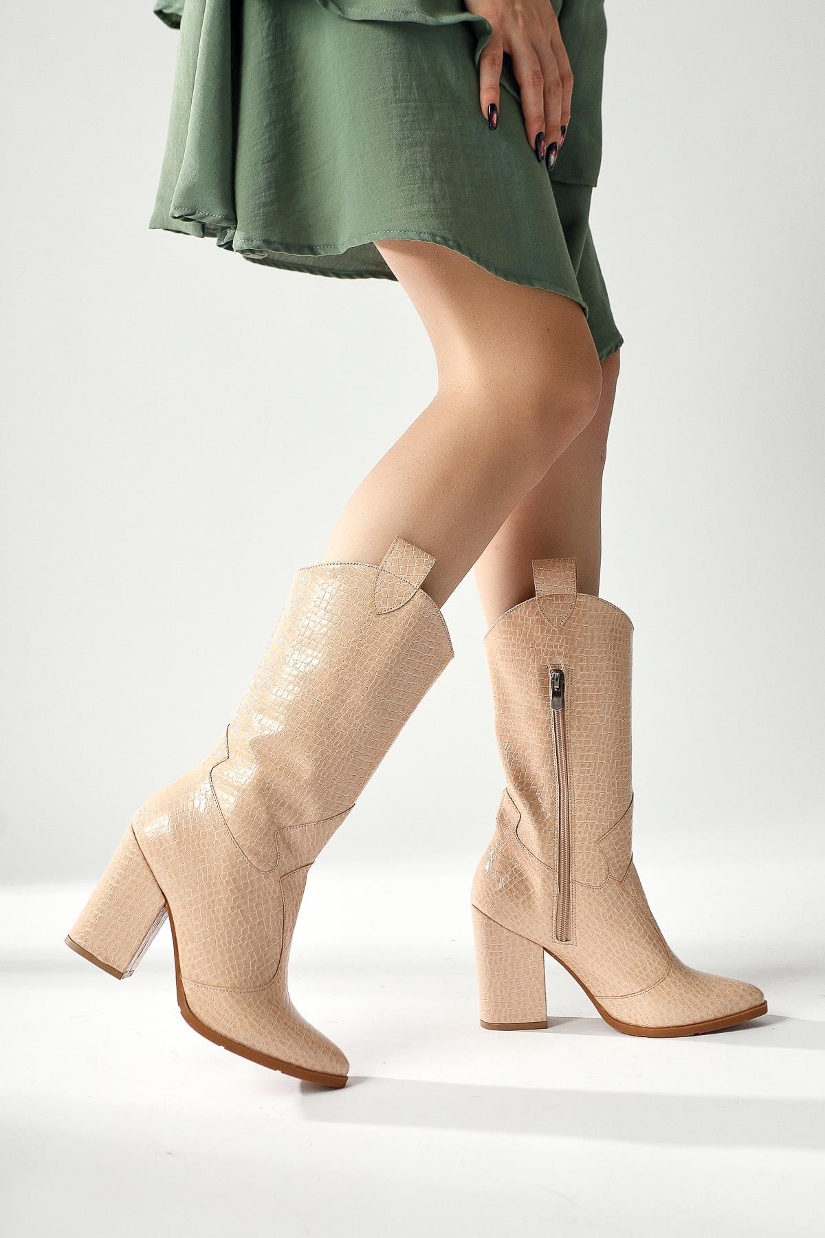 Keri – Beige Croc-Embossed Asymmetric-Cut Heeled Knee-High Boot (Women)
