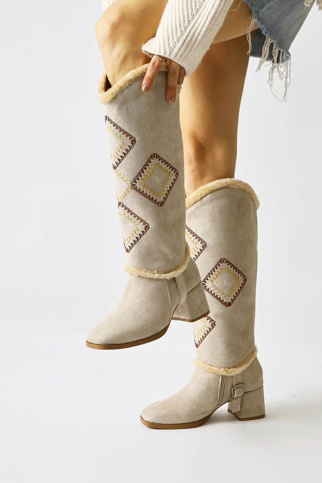 Hilka Beige Suede Removable Shaft with Ethnic Pattern Boots