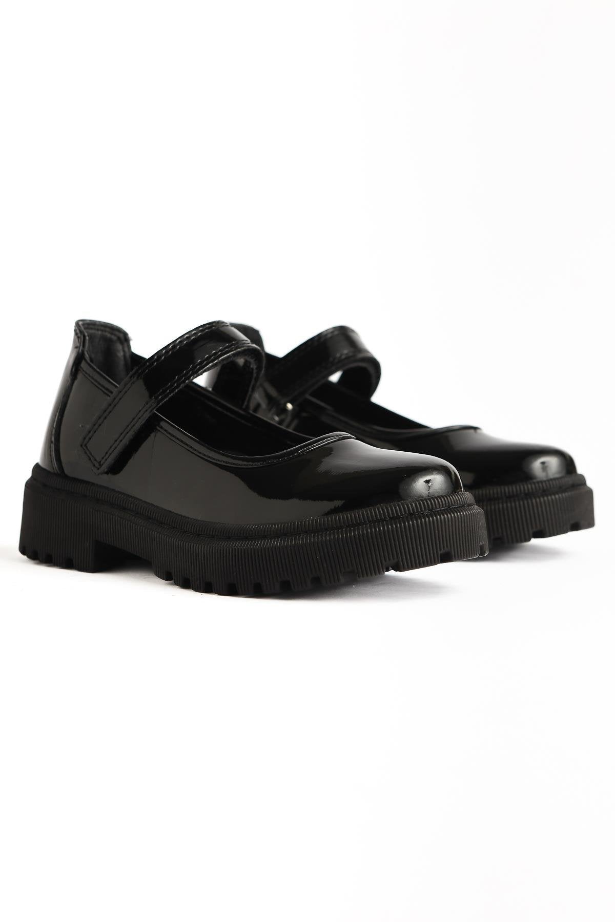 Janina Black Patent Leather Velcro Detailed Kids' Casual Shoes