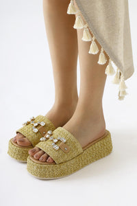 Dorine Nude Stone-Embellished High-Heeled Woven Slide Sandal