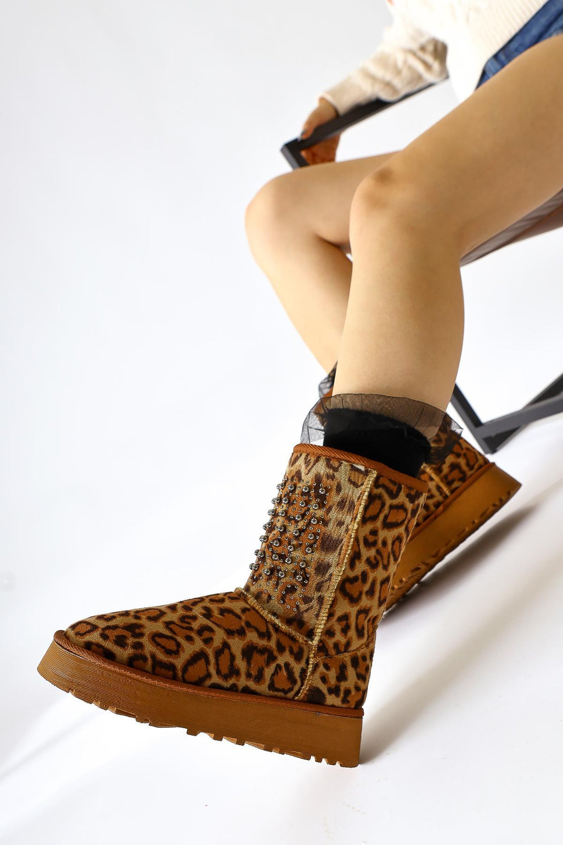 Anna-Li Leopard Print Suede Pull-On Boot with Fur Lining and Bead Detail