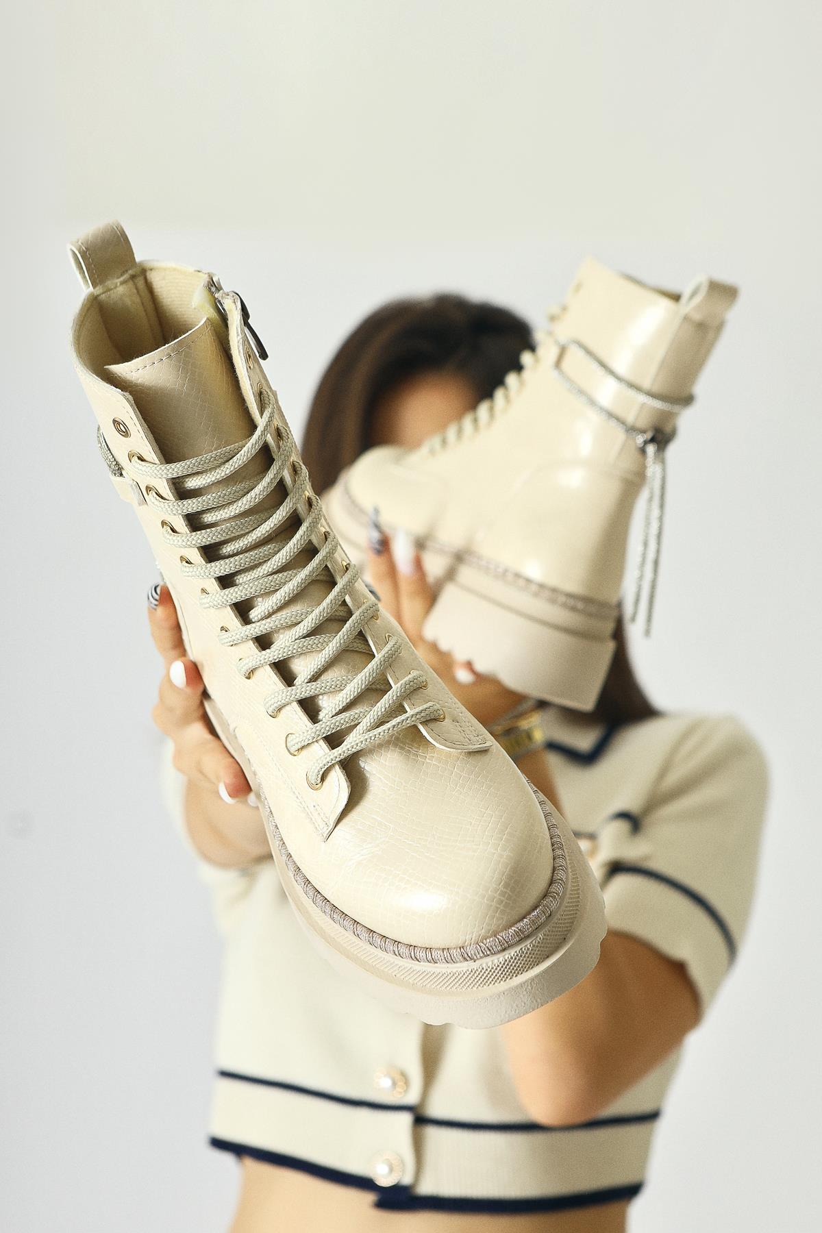 Andia Beige Shiny Stone Detailed Lace-Up Boot