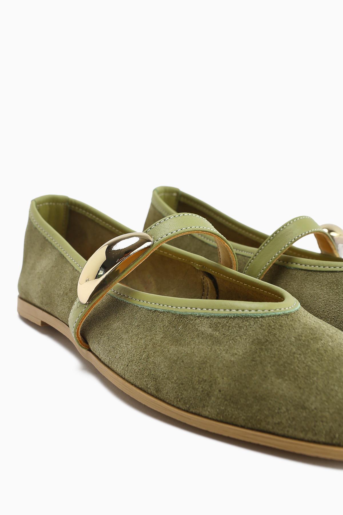Aliana – Genuine Leather Olive Suede Buckle-Detail Ballet Flat (Women)