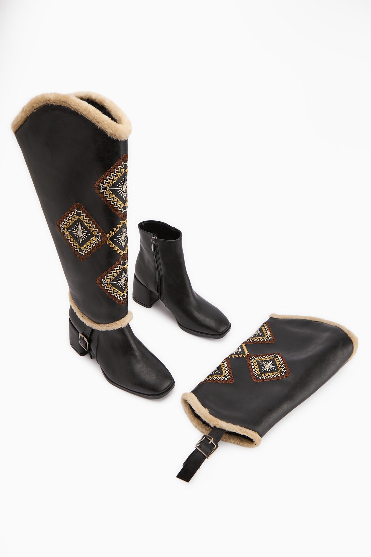 Hilka Black Removable Cuff Ethnic Patterned Boots